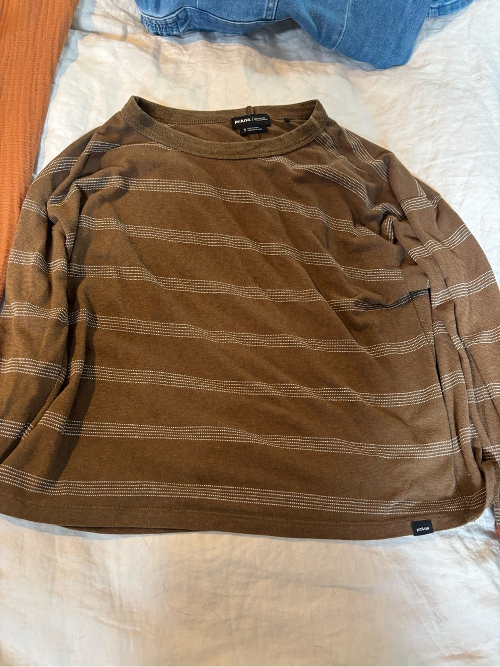 Prana Brown Striped Crew Neck Long Sleeve
